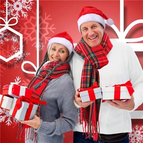 8PCS Christmas Santa Hat & Scarf Set - Buffalo Plaid Velvet Hats - Picture 5 of 8